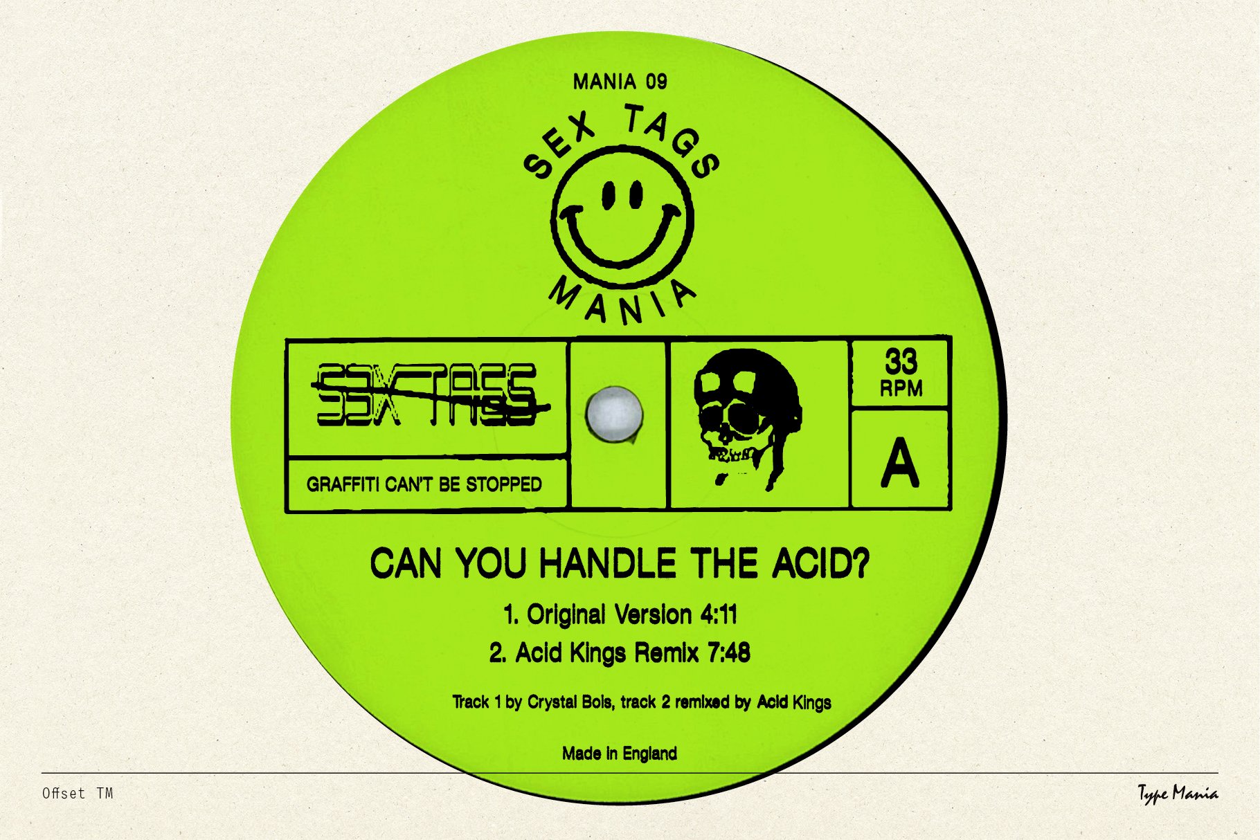 Retro vinyl label design. Bright green with smiley face logo bold text and skull graphic. Perfect for music-related graphics and design templates.