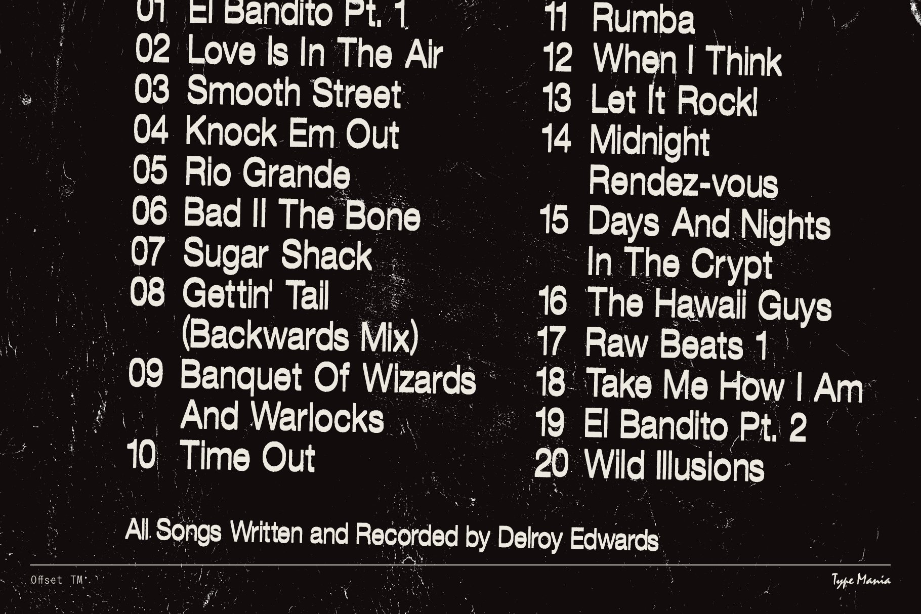 Retro album tracklist design with names in a distressed white font on a black background suitable for graphic designers in template and mockup categories.