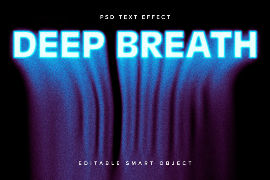 DEEP BREATH neon text effect with dramatic blue purple light shafts on dark background