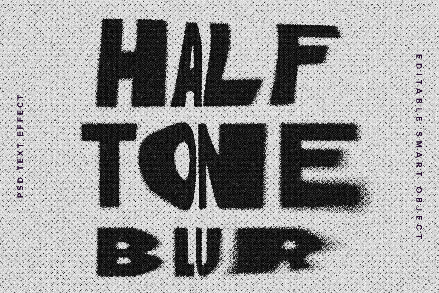 Halftone Blur text effect mockup in gray with black lettering, featuring textured, editable PSD layers for graphic designers and digital creatives.