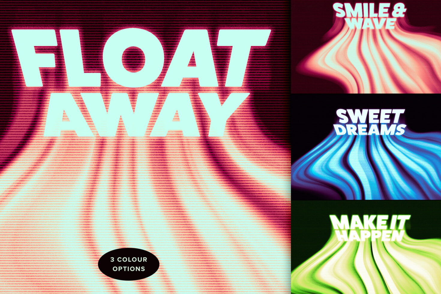 Abstract text design with three color options. Vibrant pink blue green waves with bold white font. Ideal for templates graphics typography projects.