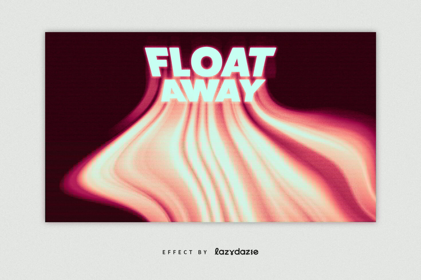 Retro wave text effect reading FLOAT AWAY with vibrant pink and orange distortion background ideal for graphic design and typography templates.