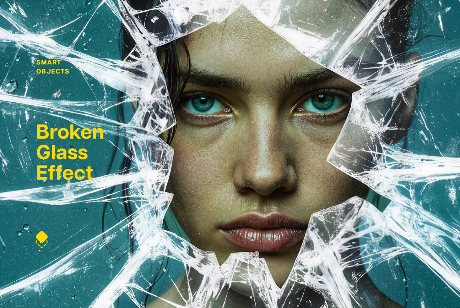 Broken glass effect overlay with woman face on teal background for Photoshop. Perfect for graphic design projects. Ideal for designers and mockup creation.