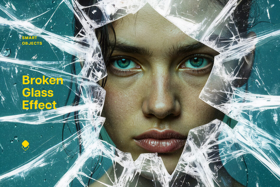Portrait with red hands on turquoise background before after glass shard effect applied