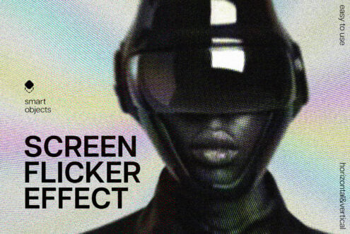 Futuristic design template featuring a digital screen flicker effect with vibrant colors and smart object integration ideal for graphic designers.