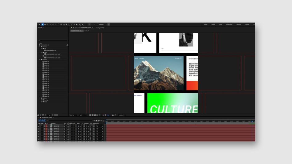 Design software interface displaying video timeline with stacked webpage mockup elements