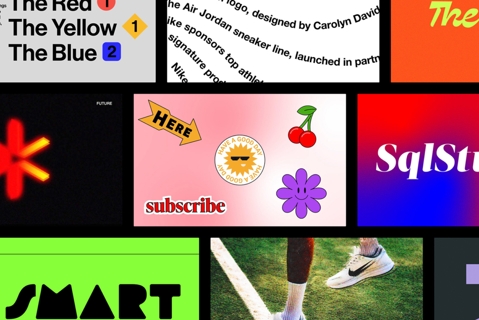 Collage of colorful graphics featuring typography, playful stickers, and abstract designs for templates and mockups. Perfect for designers and creatives.