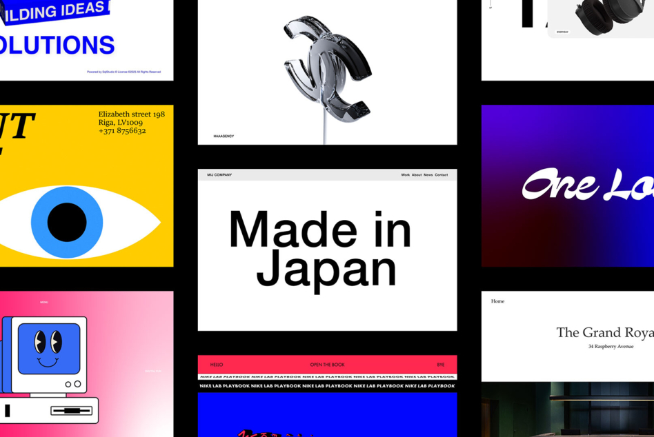 Collage of various website designs with bold typography, colorful blocks, bitmapped headphones
