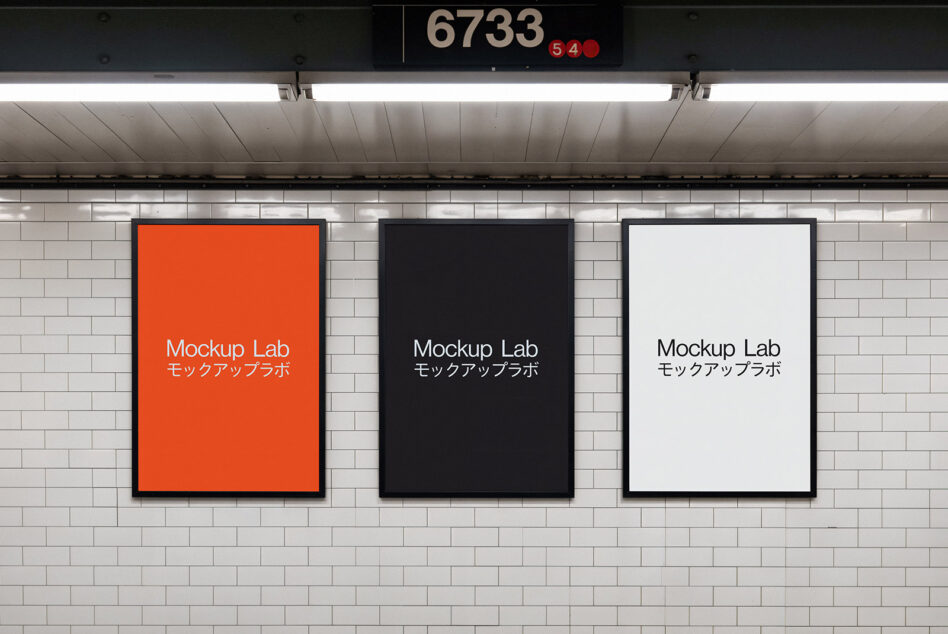 Three framed posters in subway, solid orange black white backgrounds with Mockup Lab text