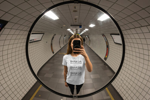 Mockup template image showing a person in a subway mirror wearing a t-shirt with text Mockup Lab ideal for graphic designers and digital asset creators.