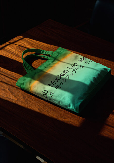 Green tote bag with Japanese text sitting on wooden table in warm sunlight