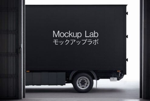 Box truck mockup with Japanese text in a warehouse setting. Ideal for showcasing design projects. Keywords: truck mockup, Japanese font, graphic design.