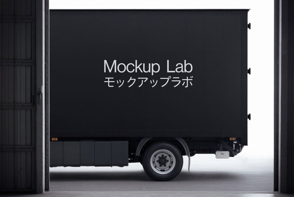 Blank black delivery truck side panel mockup in garage space