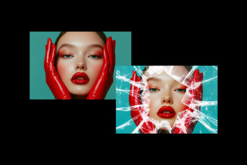Fashion photography with model in red gloves and bold makeup. Two creative portraits, one with a cracked glass effect. Perfect for graphic design projects.
