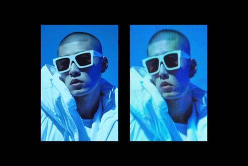Two fashion portraits featuring a person in white sunglasses and jacket against blue background. Stylish visual for graphic design mockups and templates.