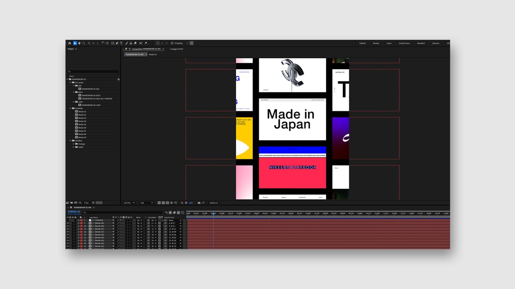 After Effects interface displaying a vibrant digital template project for designers featuring organized layers and colorful graphic elements.