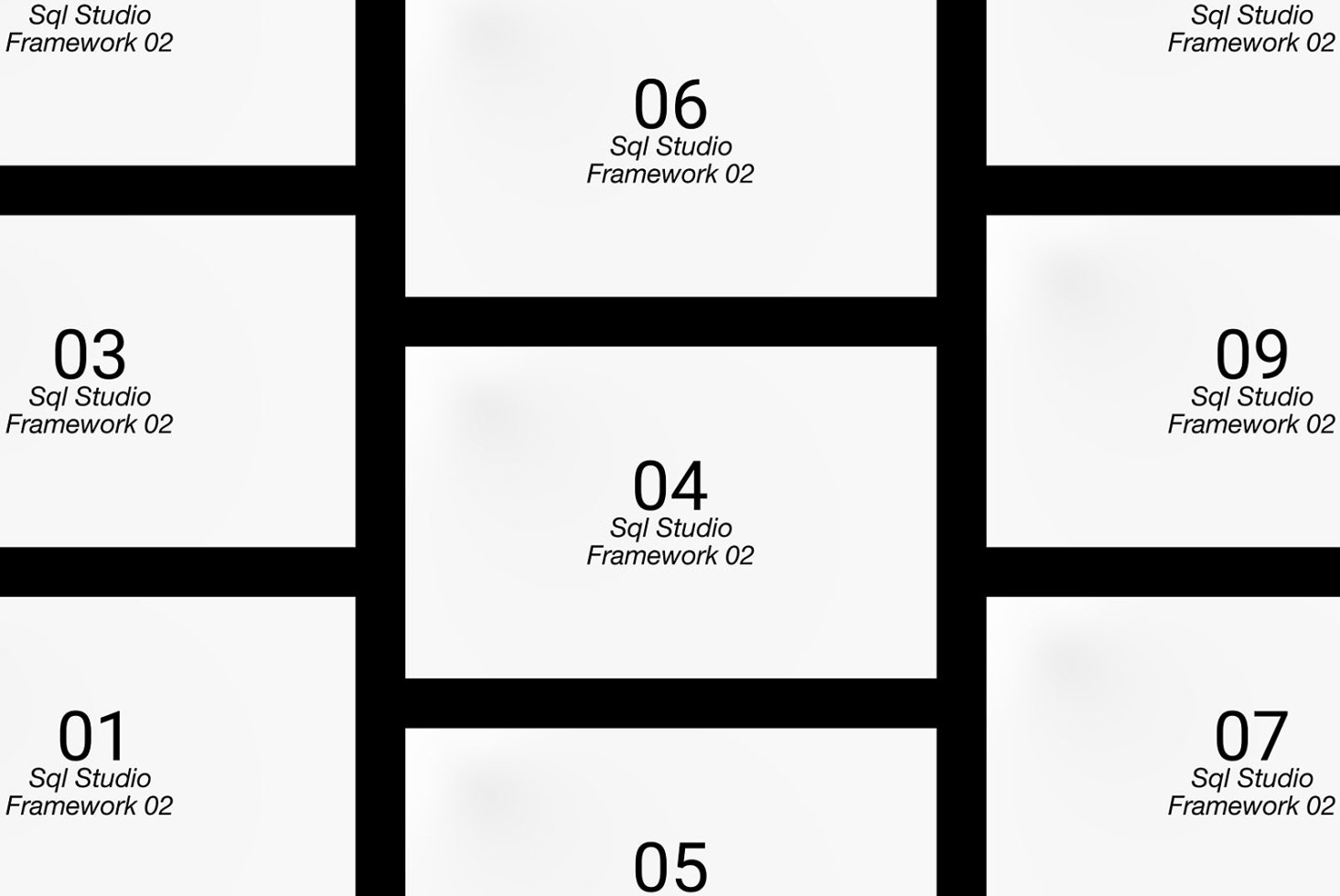 Grid layout with numbered blocks displaying the text Sql Studio Framework 02 suitable for mockup, template design SEO keywords digital assets