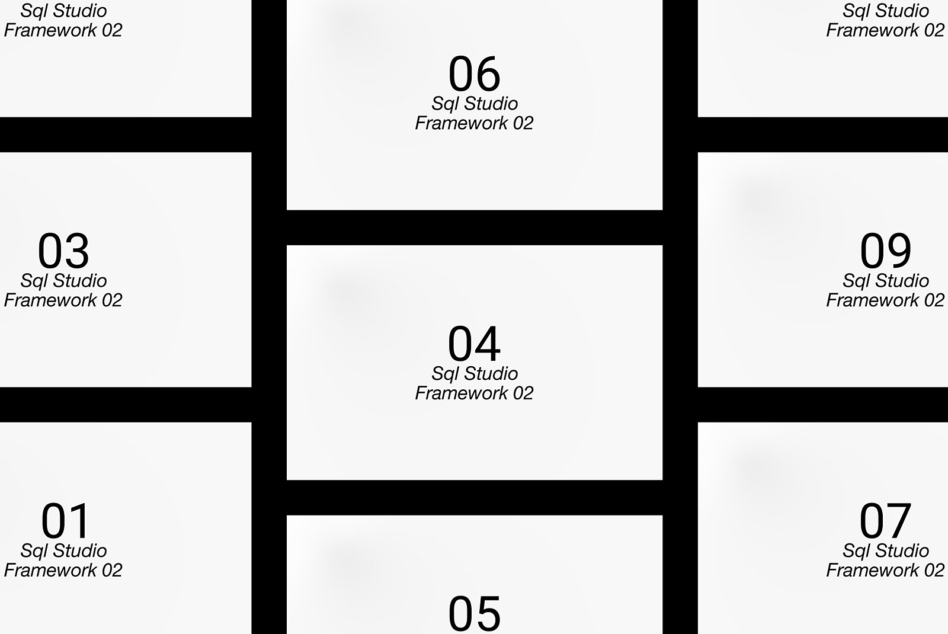 Minimalist grid layout showing numbered frames with italic typography labels