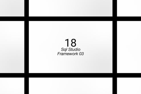 Minimalist grid design mockup with bold black lines and white rectangles. Center text reads Sql Studio Framework 03. Ideal for layout projects.
