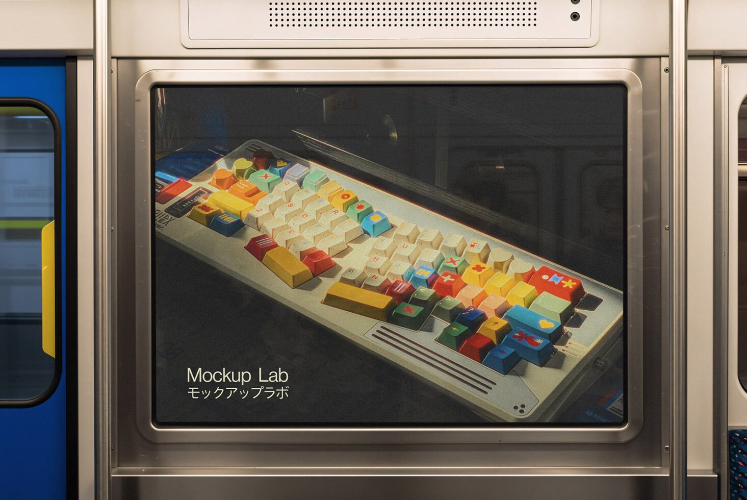 Colorful keyboard poster mockup displayed on a subway panel ideal for graphic design presentation templates urban advertising or digital assets.