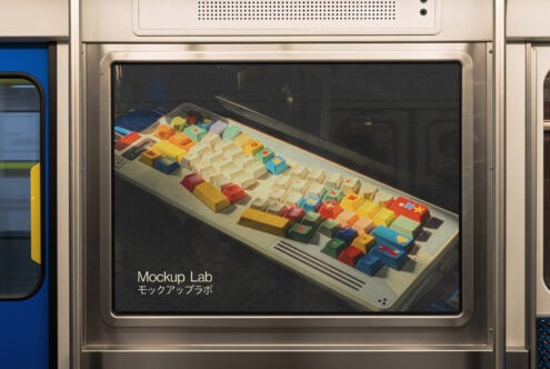 Colorful keyboard poster mockup displayed on a subway panel ideal for graphic design presentation templates urban advertising or digital assets.