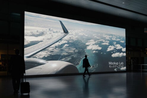 Airport poster mockup with airplane window view for designers. Ideal for showcasing travel-related graphics or advertising visuals. High-resolution display.
