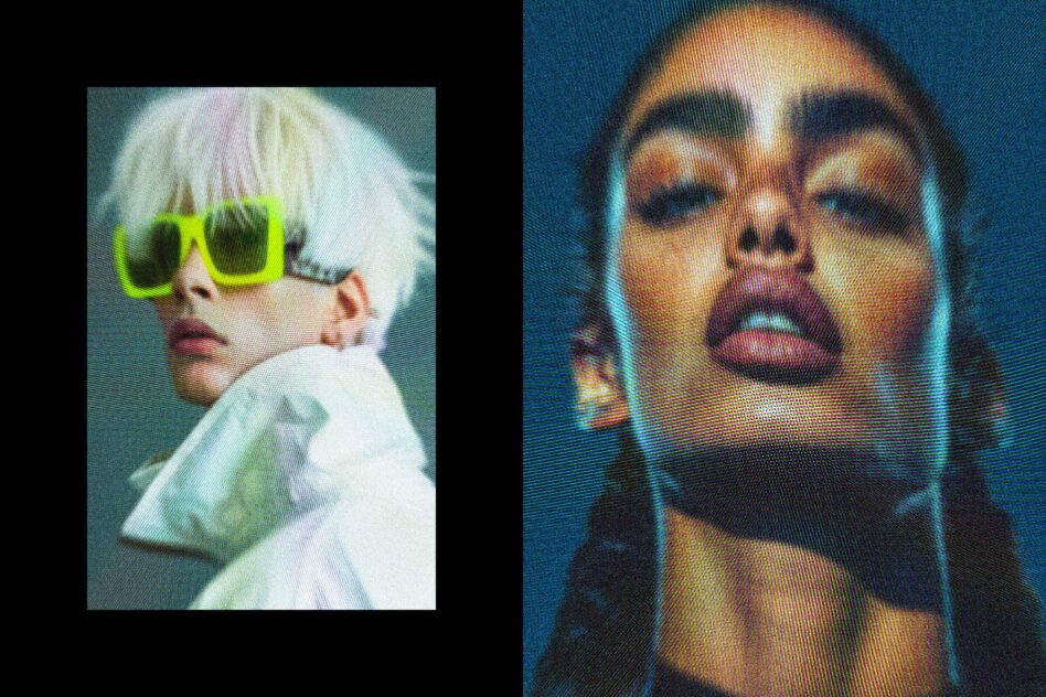 Edgy fashion portrait featuring vibrant digital textures neon sunglasses bold makeup dynamic lighting perfect for graphic design and creative templates