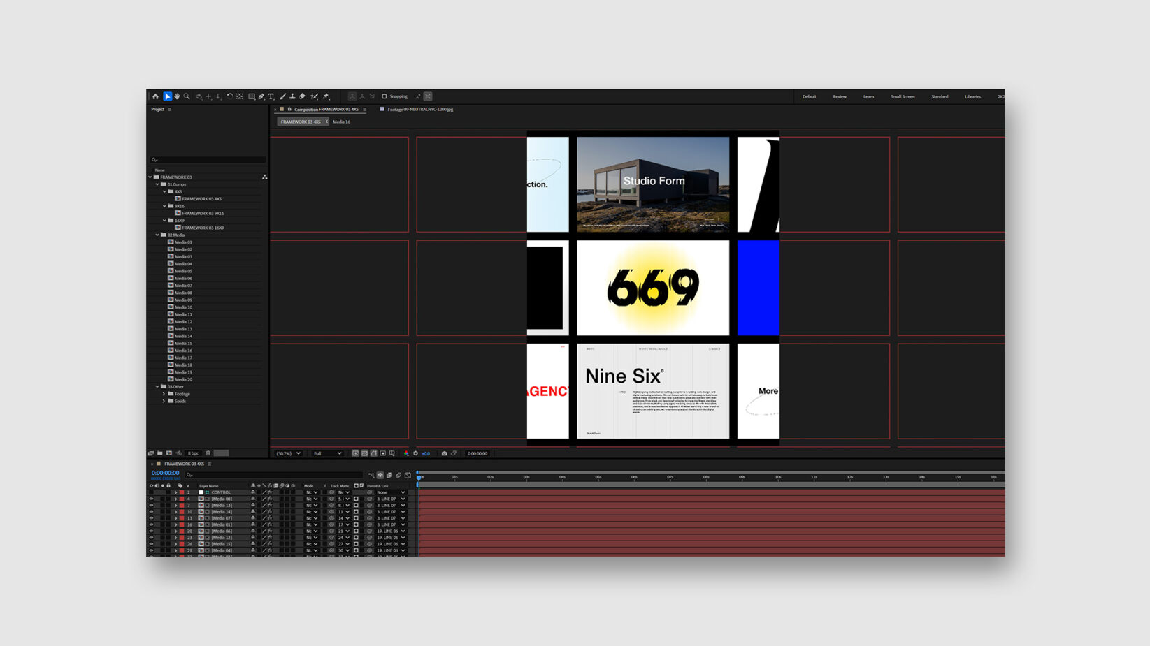 Creative After Effects project file open showing modular design layout with multiple video thumbnails. Ideal for graphic designers seeking dynamic templates.