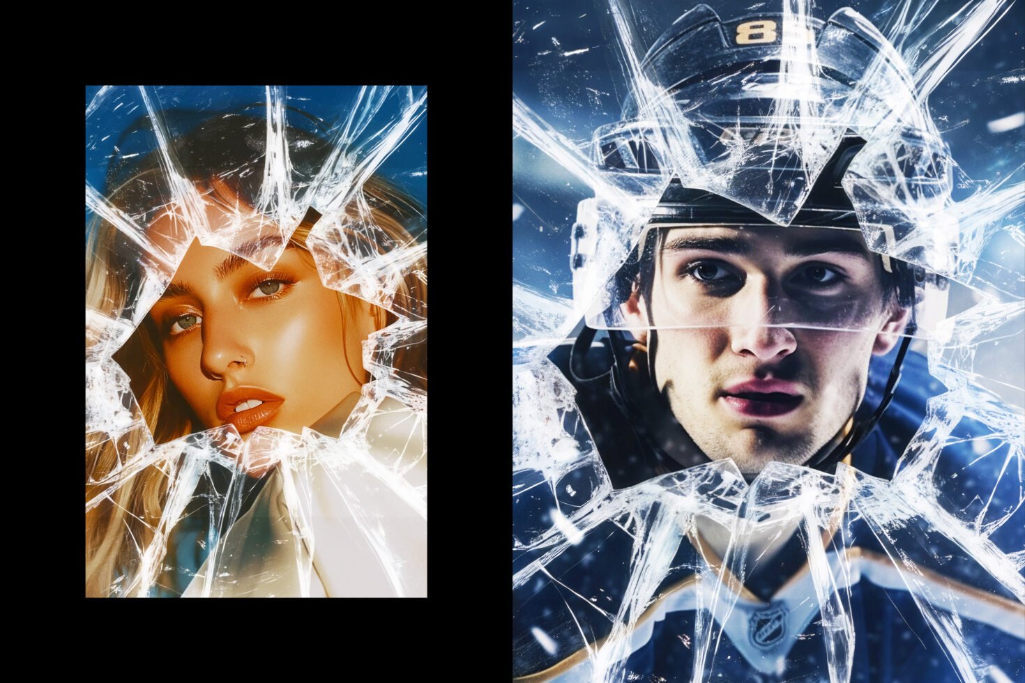 Portraits through shattered glass effect showcasing a woman and a hockey player. Ideal for creative templates and graphic design projects.