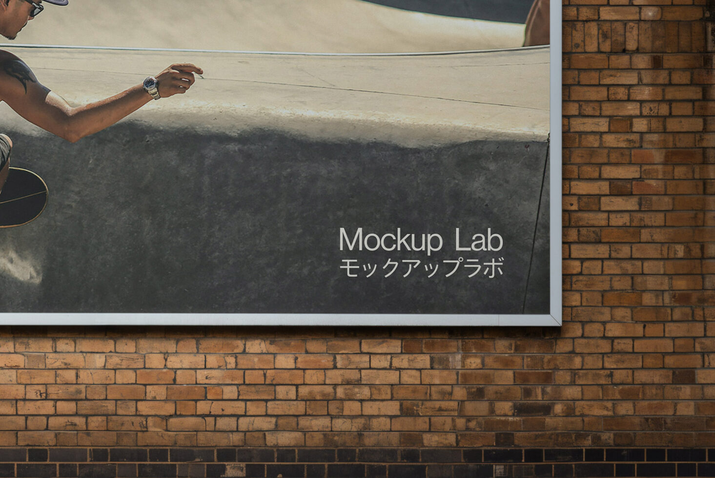 Outdoor poster mockup on brick wall featuring skateboarder in motion. Perfect for showcasing ads or designs. Keywords: Mockup Outdoor Design Poster.