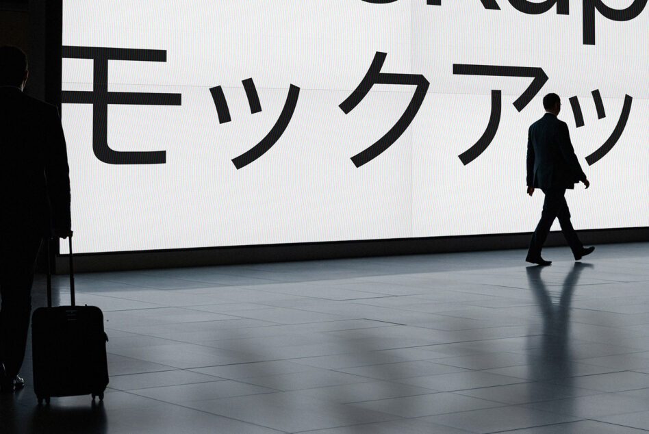 Airport scene with silhouettes of people and bold Japanese text on large screen. Perfect for font or graphics mockup templates for designers.