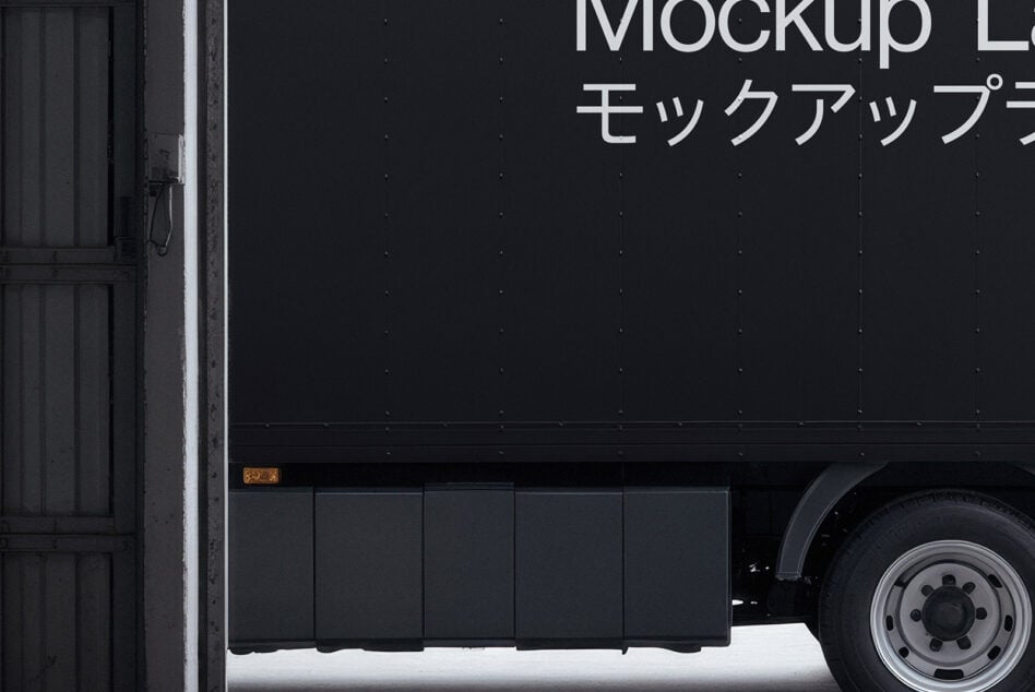 Black delivery truck side with white text on dark background mockup