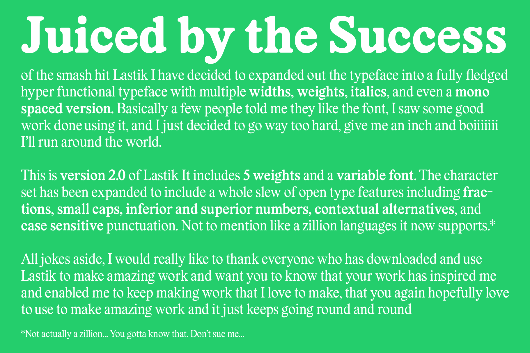 Green background with text promoting Lastik font version 2.0. Features include 5 weights, variable font, and OpenType features for design projects.