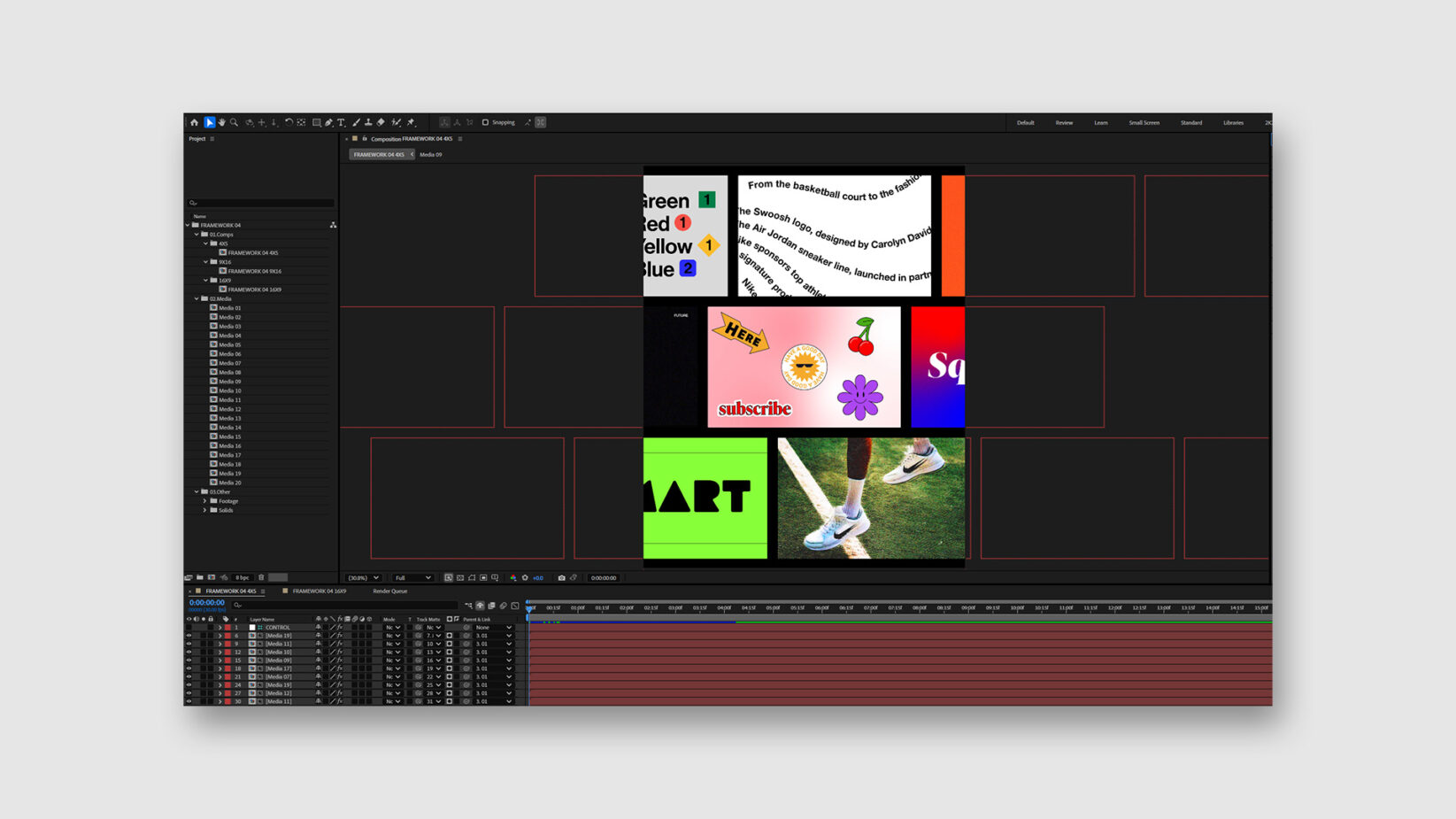 Digital design layout in Adobe After Effects showing a grid of colorful graphic templates for creative projects. Ideal for designers and animators.