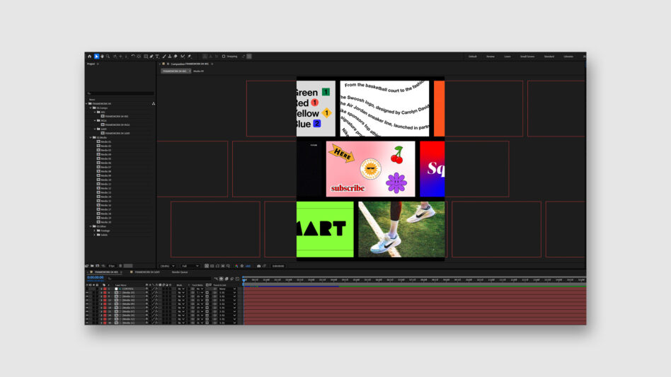 Digital design layout in Adobe After Effects showing a grid of colorful graphic templates for creative projects. Ideal for designers and animators.