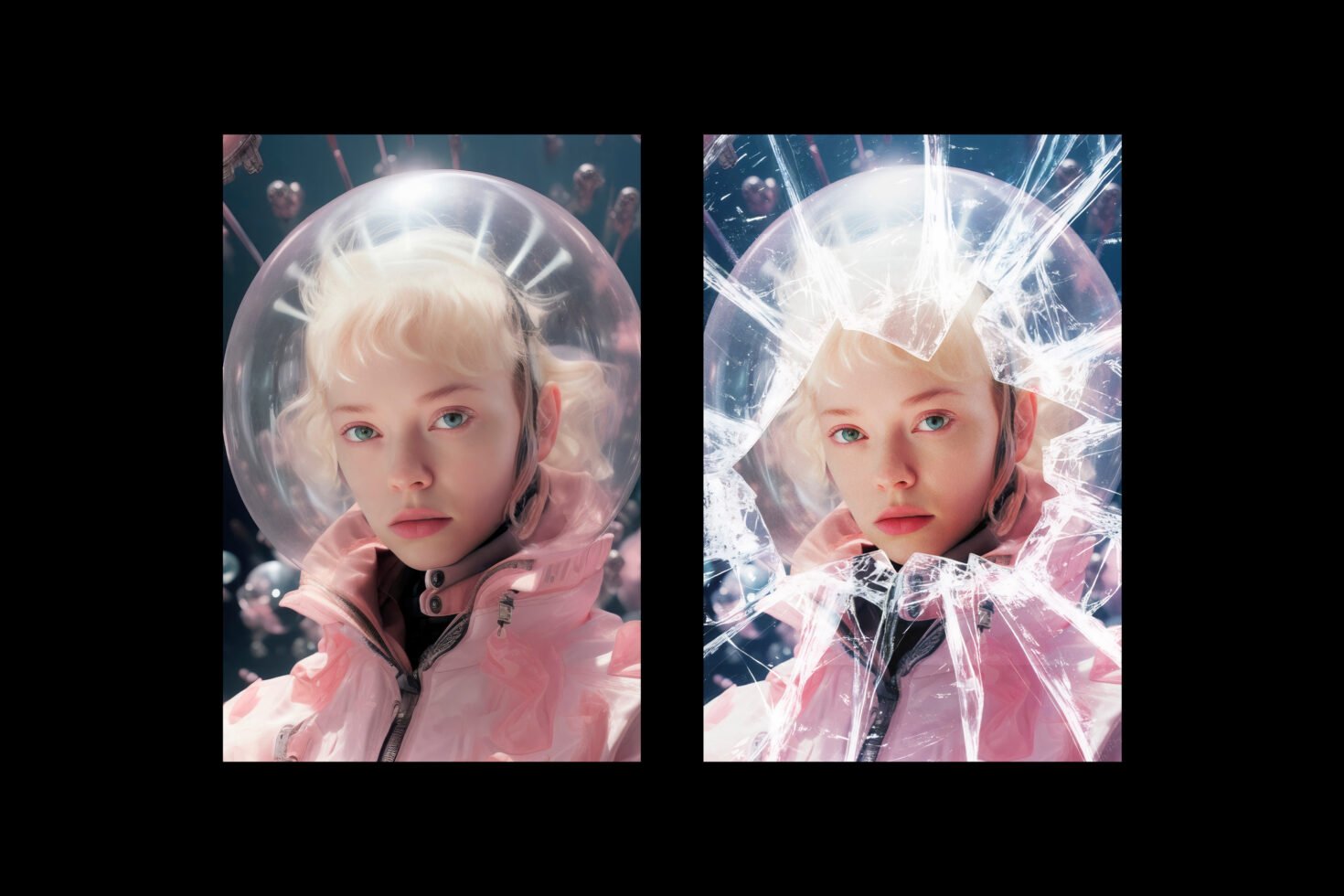 Futuristic portrait with a young person in a transparent helmet. One image shows a helmet intact and the other shattered. Ideal for digital graphic design.