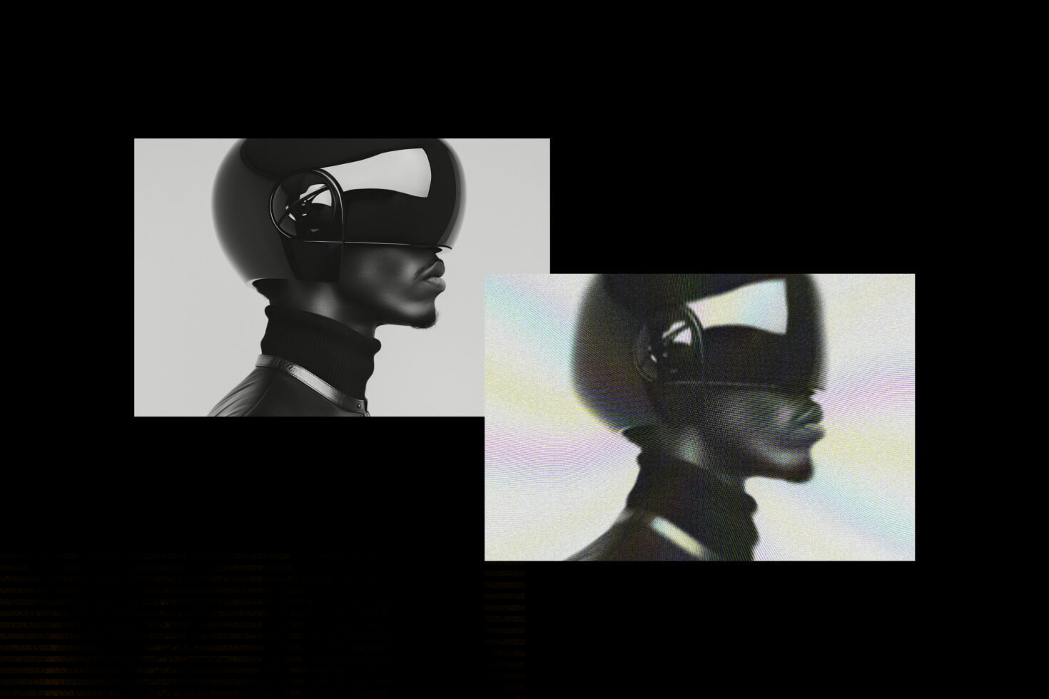 Digital artwork featuring a futuristic helmet on a model head profile in grayscale and glitch effect ideal for designers' graphic projects and templates.