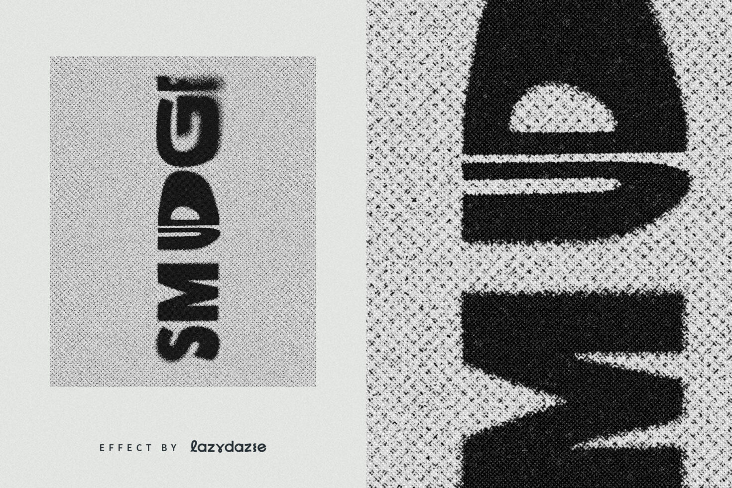 Grunge-style smudge effect typography mockup showing distorted black text on textured background. Perfect for graphic design and print effect projects.