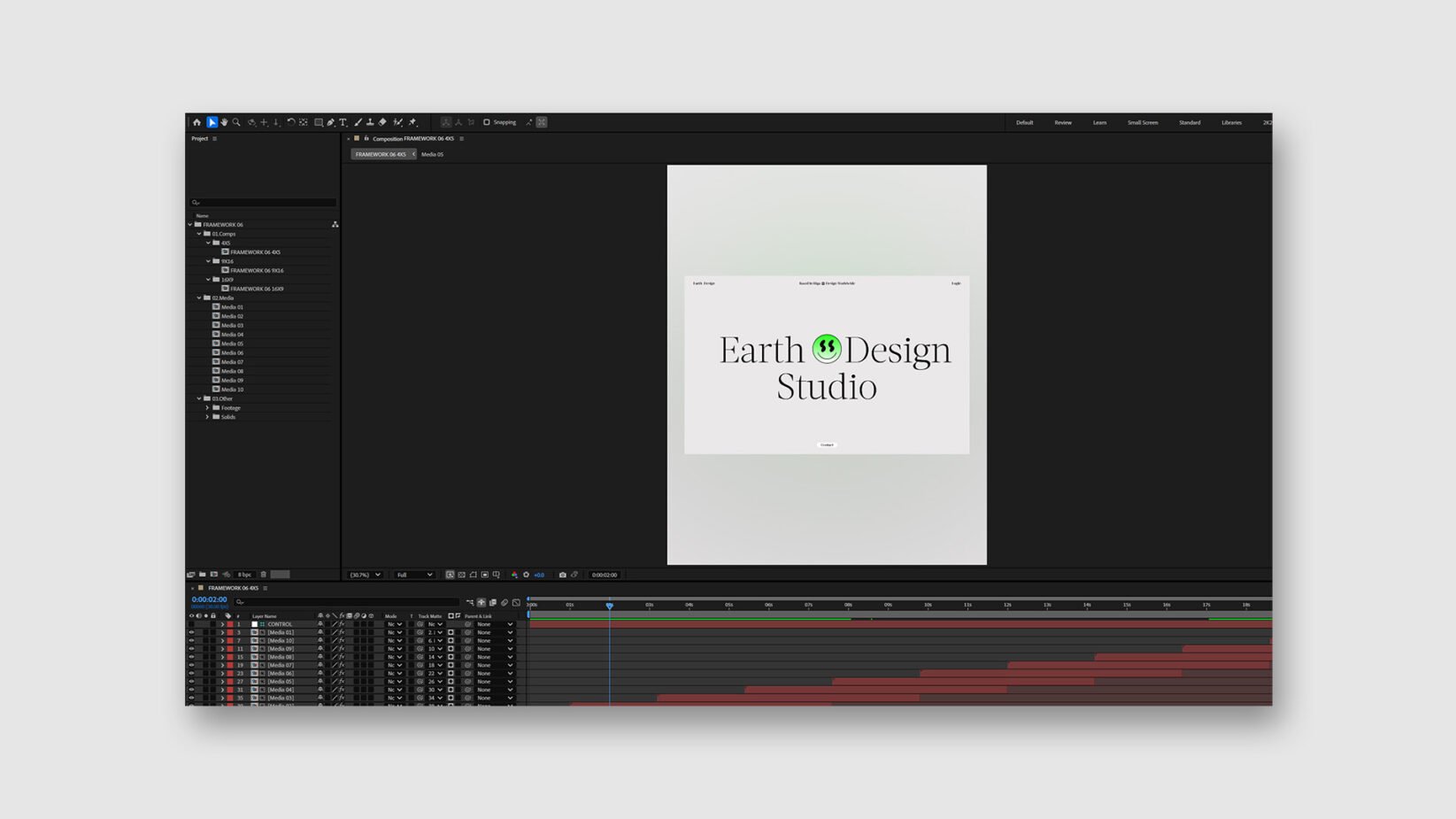 Adobe After Effects workspace displaying a design project titled Earth Design Studio. Ideal for digital assets, templates, and graphics design inspiration.
