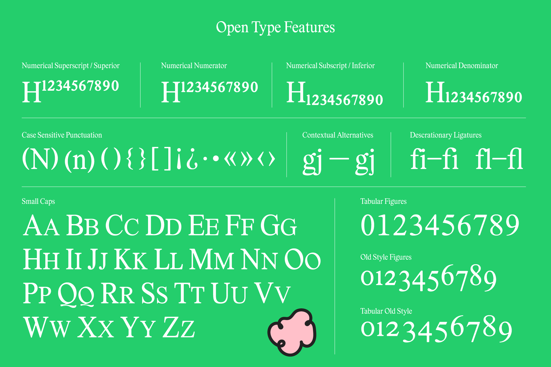 OpenType features font mockup showcasing superscripts, numerators, subscripts, denominators, case-sensitive punctuation, ligatures, small caps for designers.