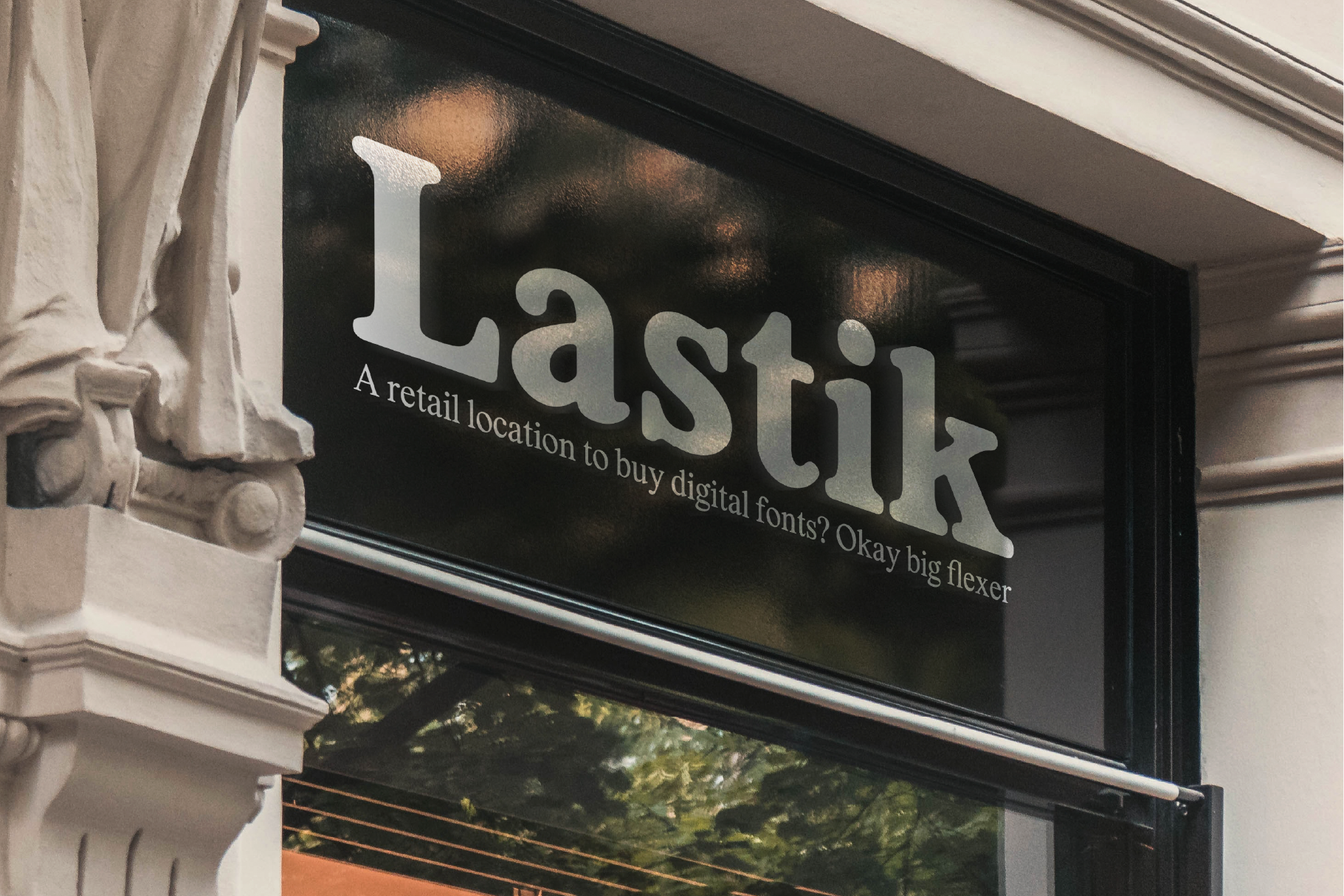Storefront sign with bold Lastik font, suitable for designers seeking creative fonts for digital projects. Ideal for mockups and graphic templates.