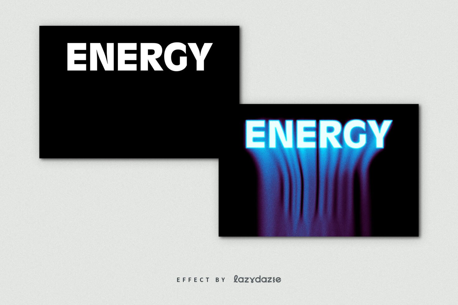 Bold uppercase text reading ENERGY on black background. One normal, one with vibrant neon flow effect. Keywords: typography, graphic design, text effect.