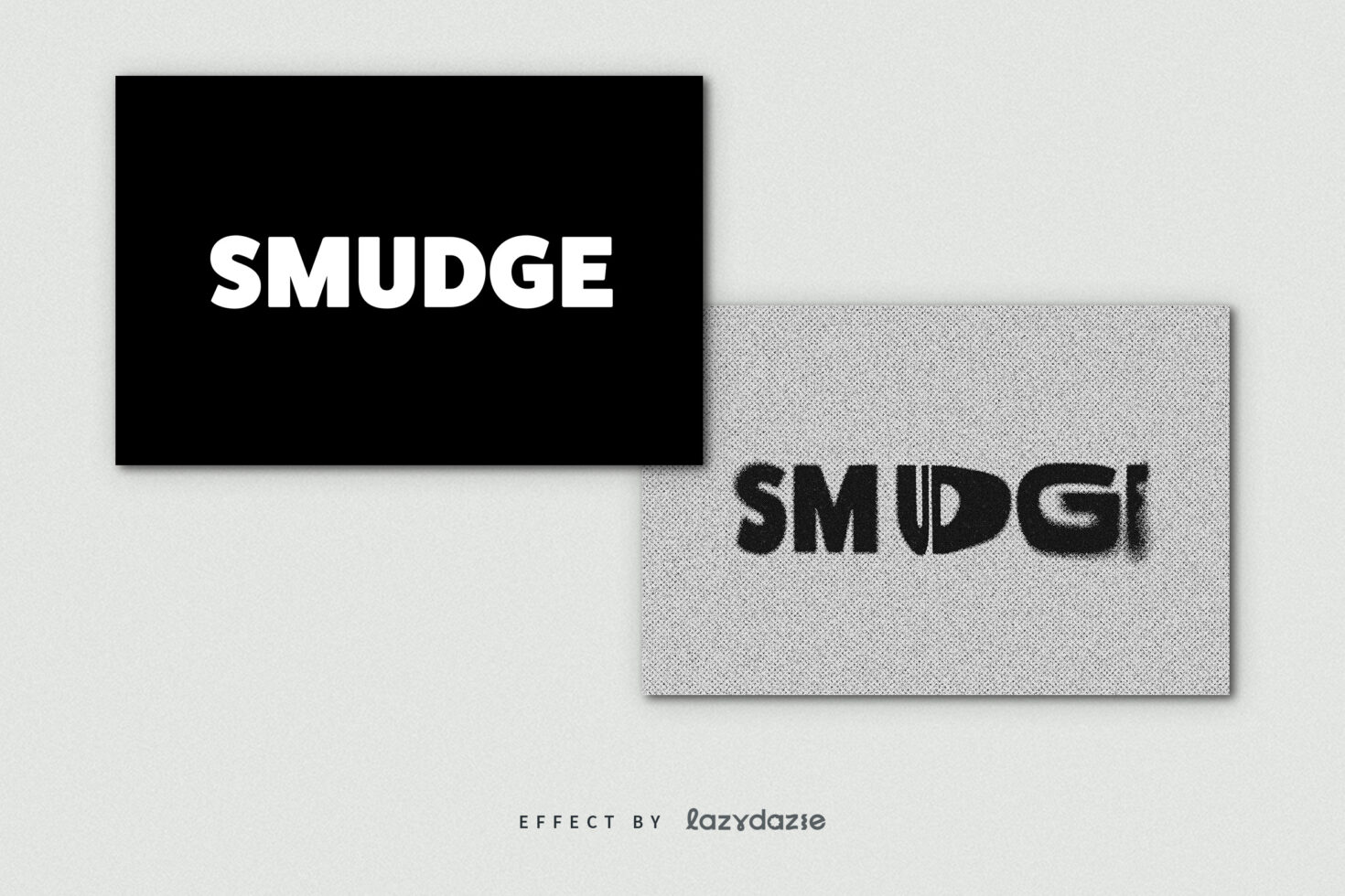 Smudge text effect mockup by Lazydaze featuring bold typography with textured distortion on a gray background ideal for graphic design projects.