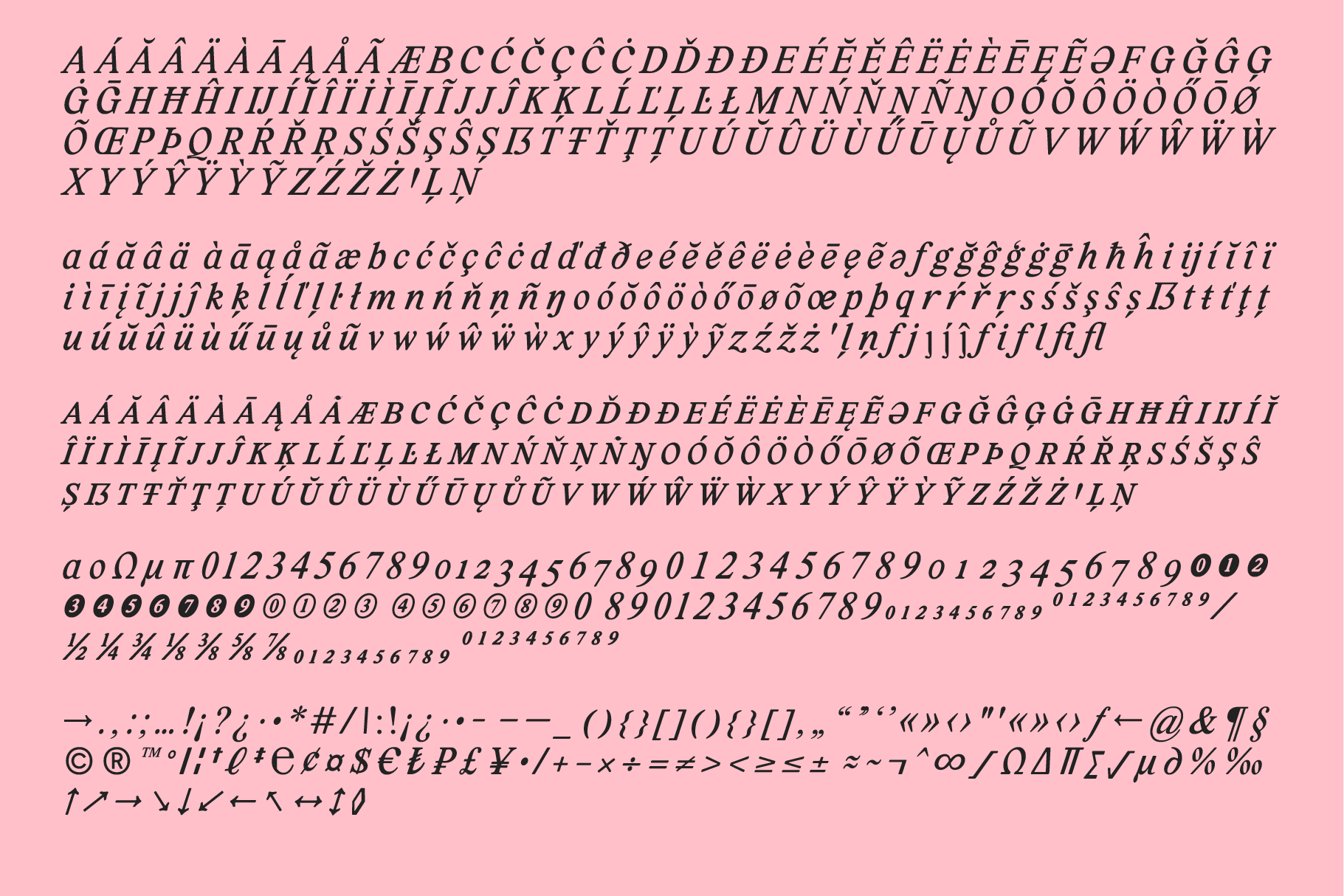 Elegant serif font set with various accented letters, numbers, and symbols on a pink background for designers and typographic projects. Fonts templates.