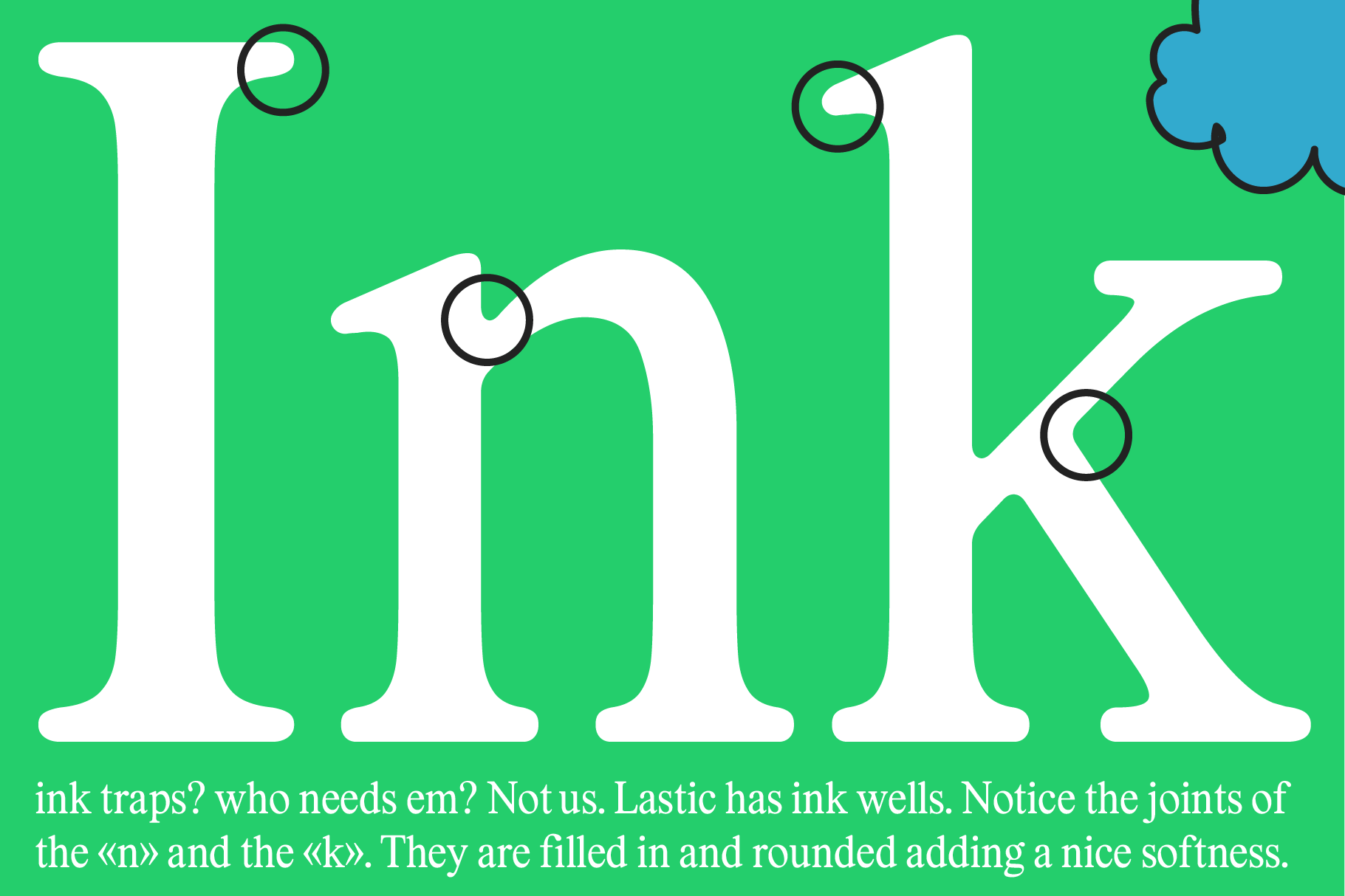 Typography design displaying the word Ink with ink well joints on a green background. Ideal for font designers and typography enthusiasts. Keywords: typography, font design, graphic.