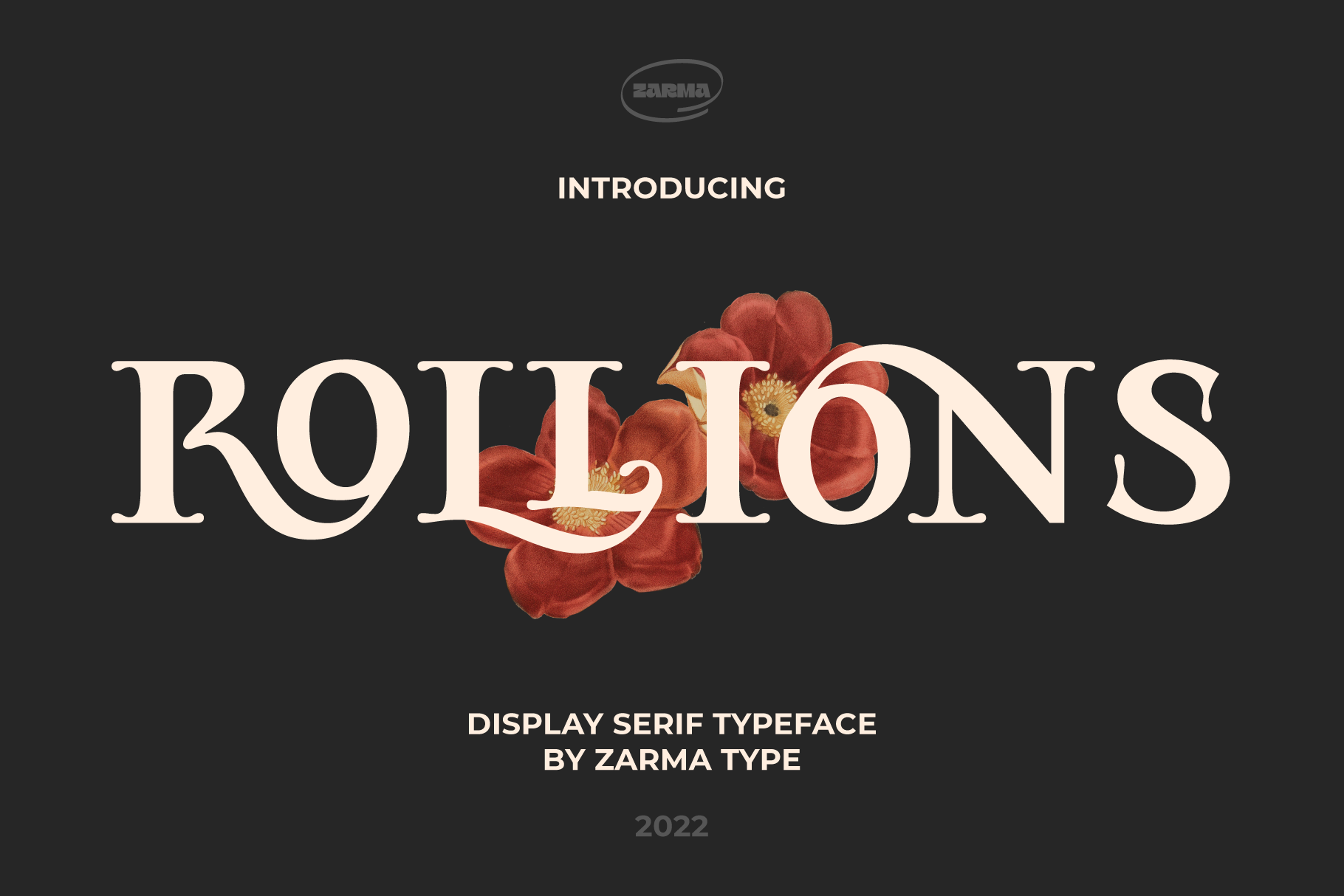 Elegant display serif typeface Rollions by Zarma Type with floral accents on black background. Ideal for graphic design and typography projects.