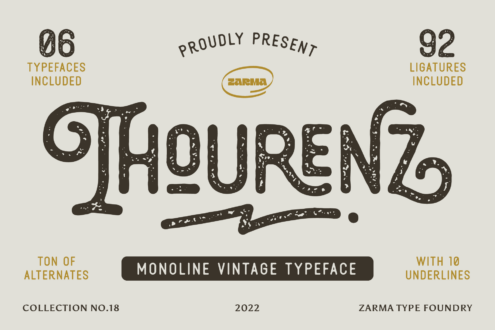 Thauren typeface in speckled vintage style with six faces, 92 ligatures included