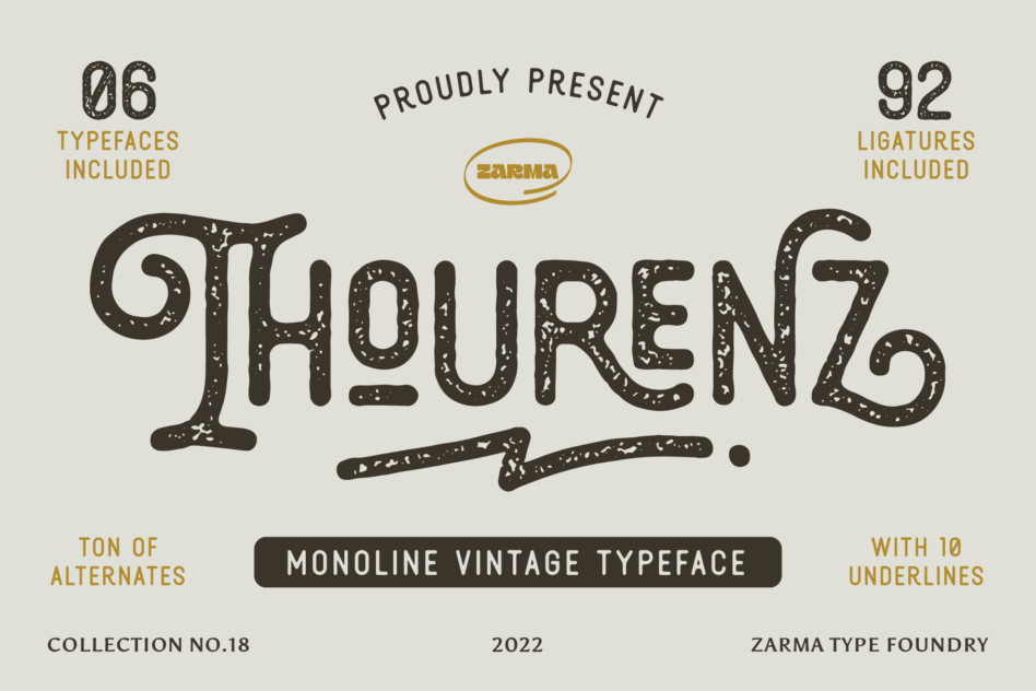 Thauren typeface in speckled vintage style with six faces, 92 ligatures included