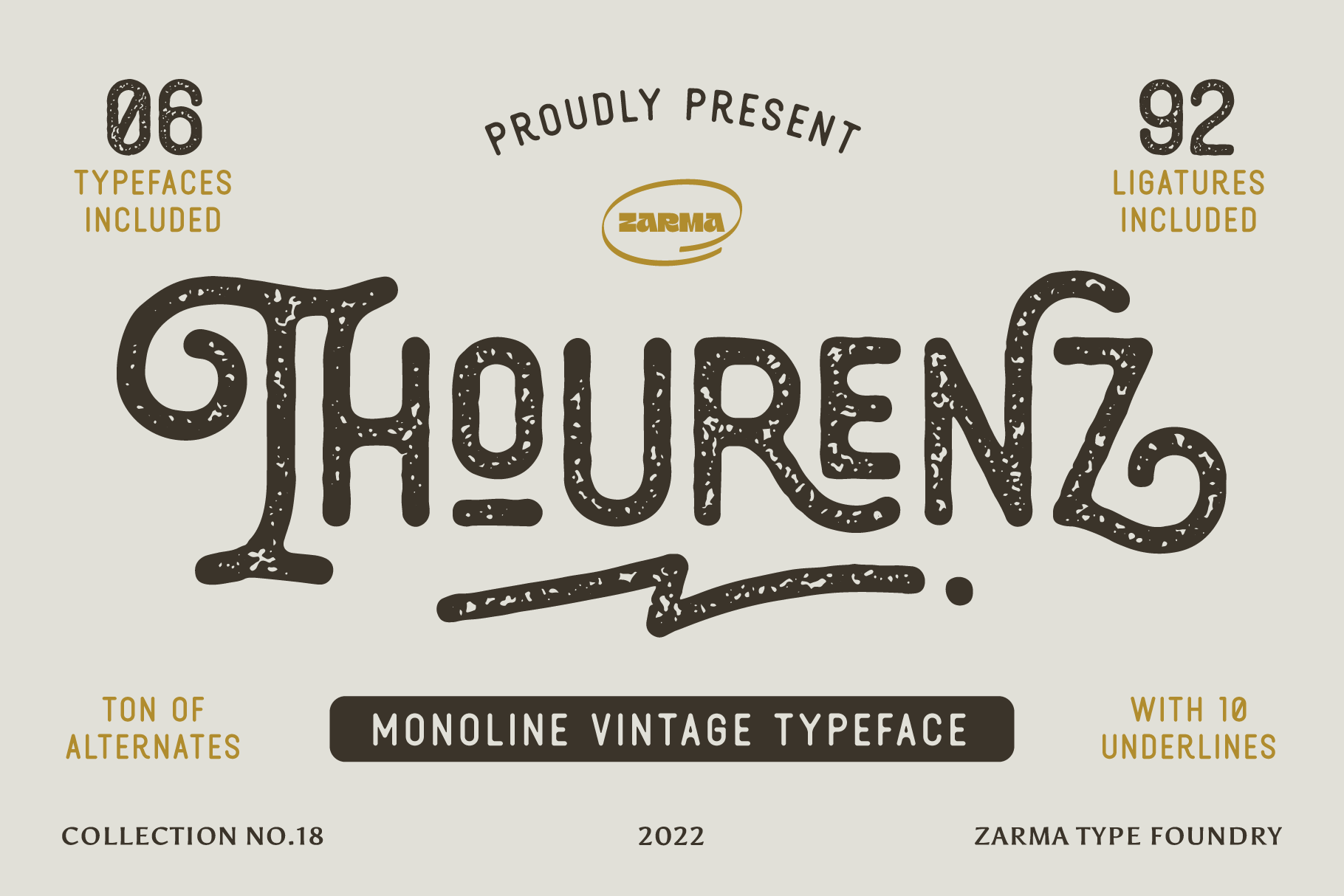 Monoline vintage typeface featuring 6 styles, 92 ligatures, and 10 underlines; perfect for design projects needing retro typography aesthetics.