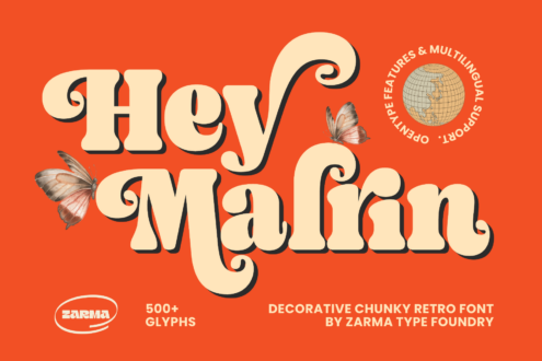 Cream decorative retro font Hey Mafin with butterfly details on orange background